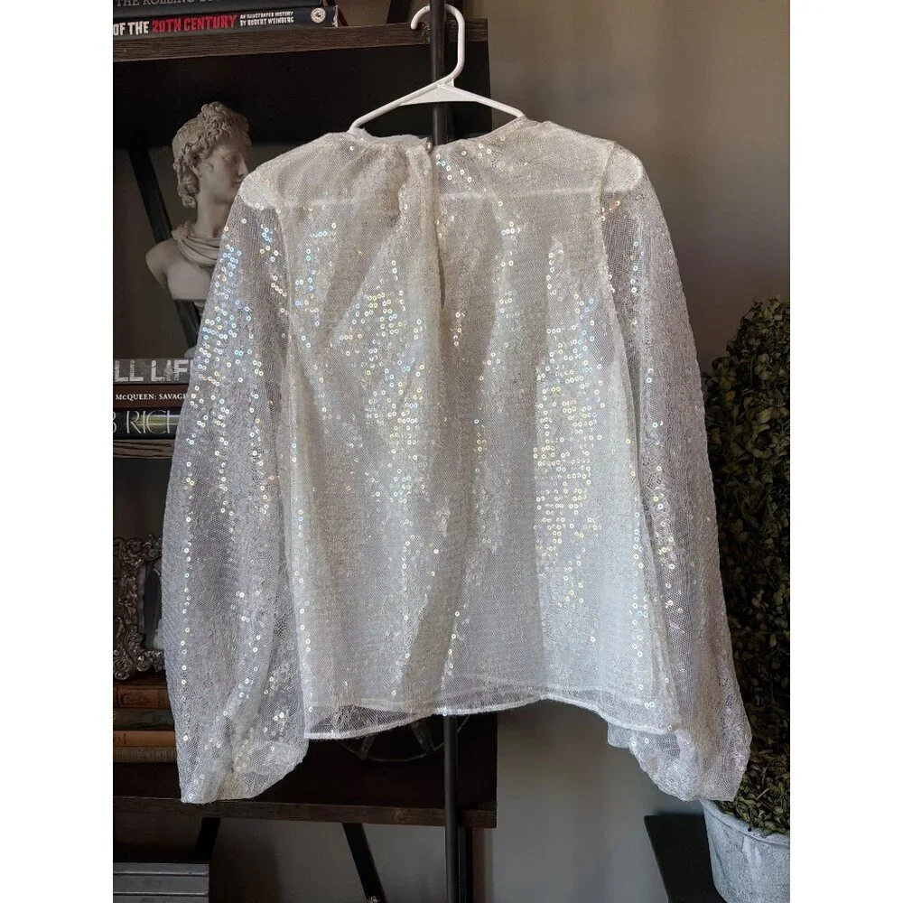 Le Superbe Sparkling Femme Sequin Sheer Blouse Sheer White Womens Size 2